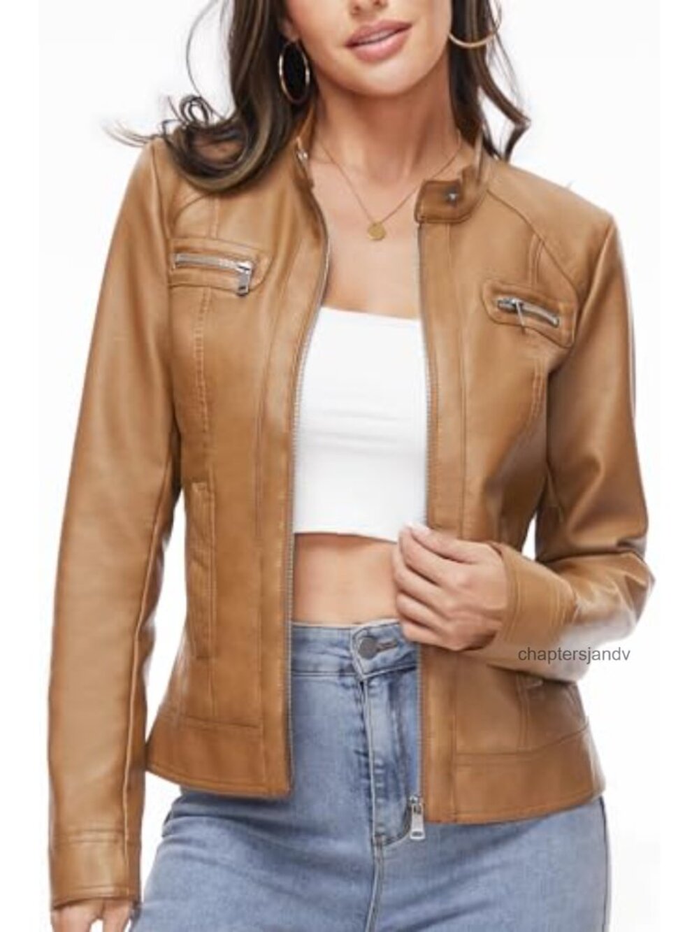 Faux Leather Moto Jacket Stand Collar Zip Up Slim Fit Women's